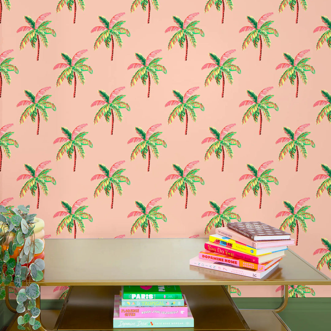 Caribbean Palms Wallpaper in Sunset Pink