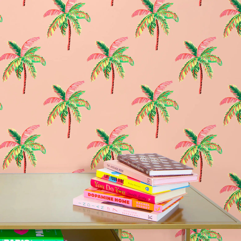 Caribbean Palms Wallpaper in Sunset Pink