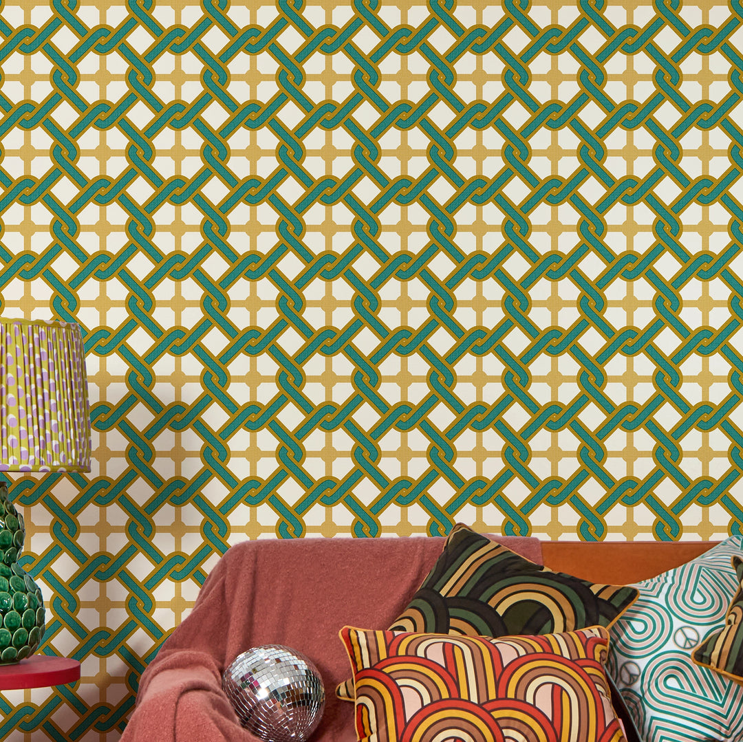 Chain Reaction Wallpaper in Teal and Gold