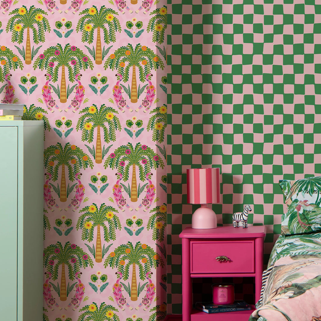 Checkerboard Wallpaper in Pink and Apple Green