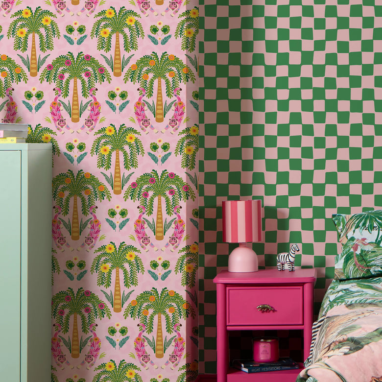 Checkerboard Wallpaper in Pink and Apple Green