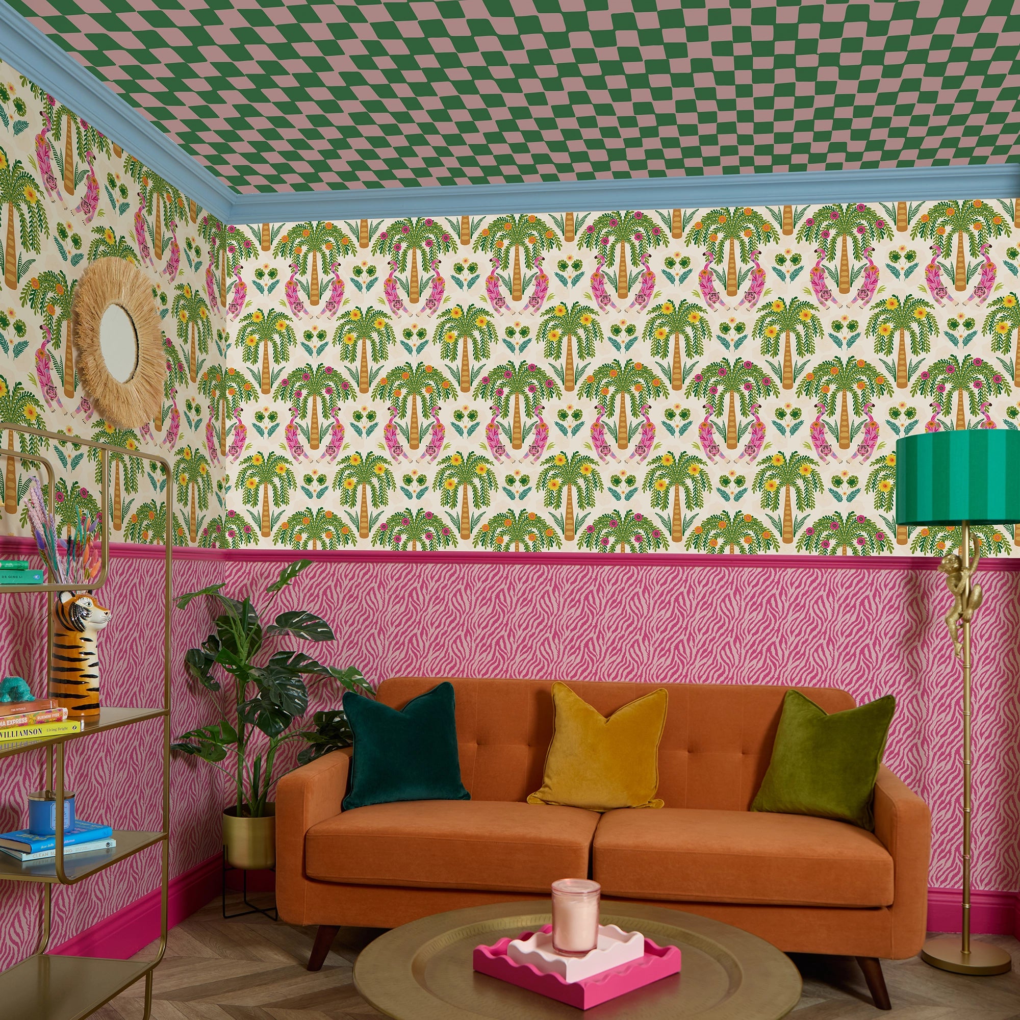 Checkerboard Wallpaper in Pink and Apple Green