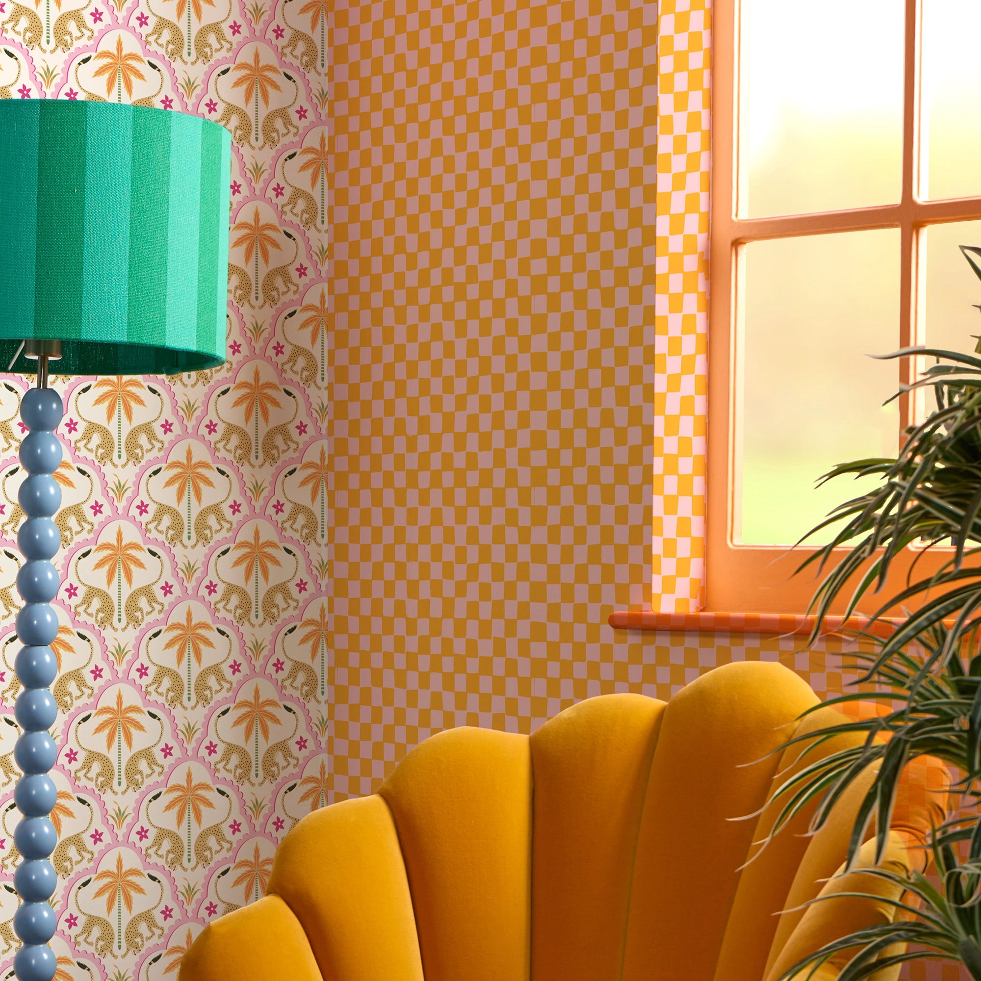 Checkerboard Wallpaper in Pink and Orange