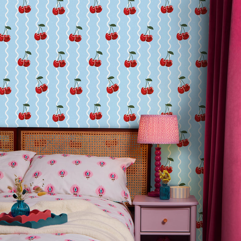 Cherry Delicious Wallpaper in Sky Blue and White