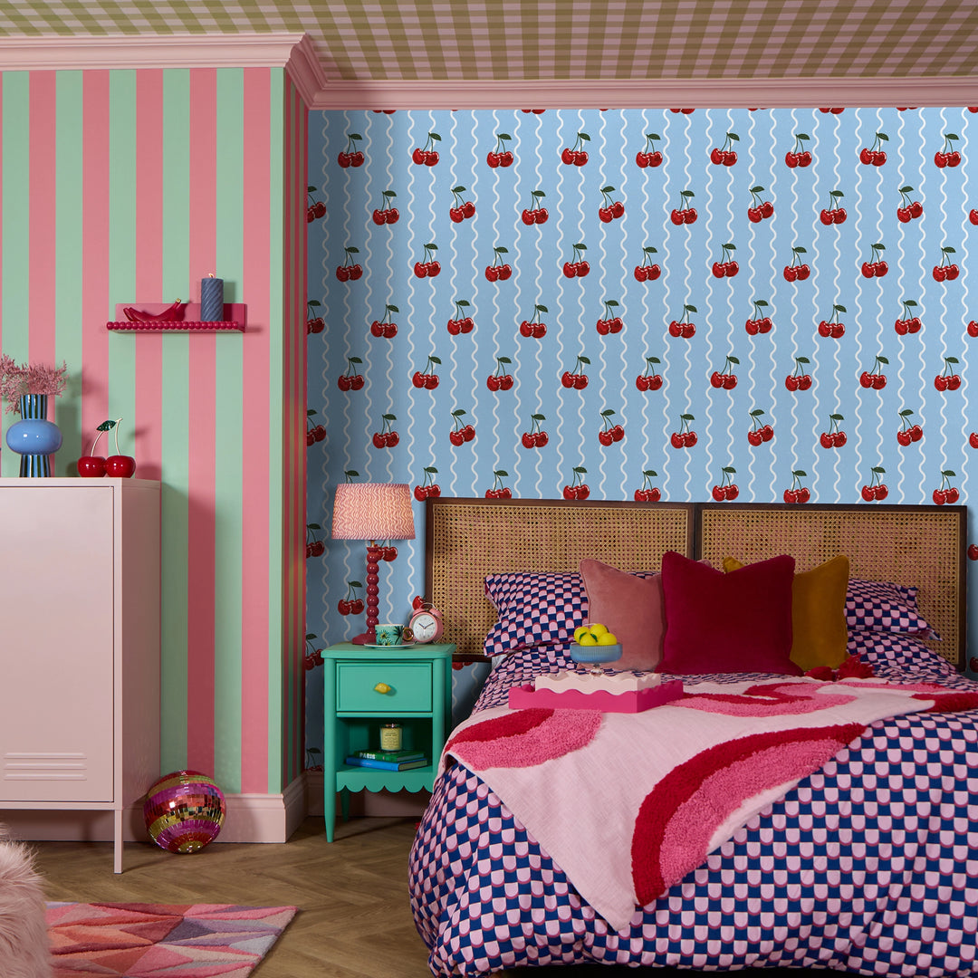 Cherry Delicious Wallpaper in Sky Blue and White