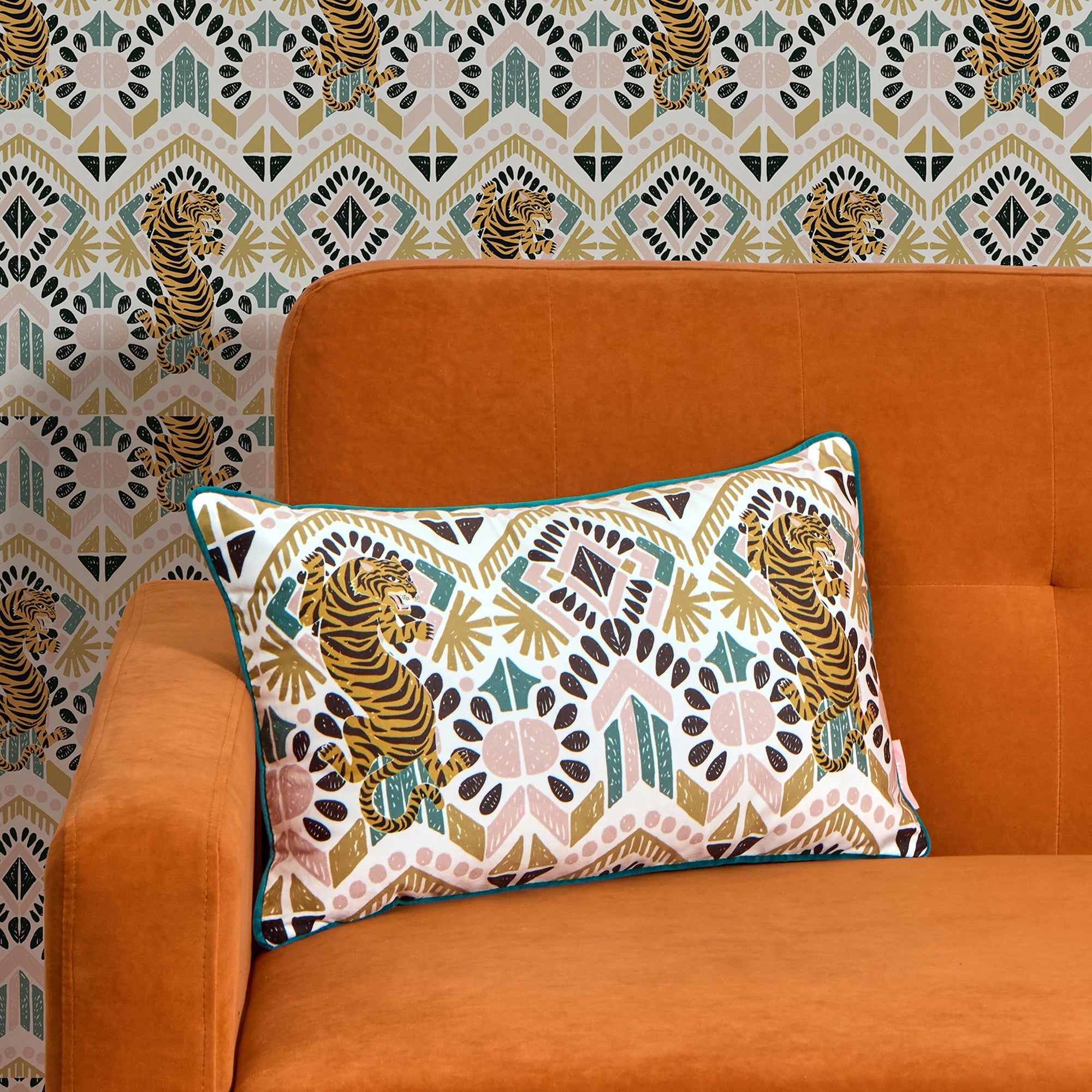 Clawdia Bolster Cushion in Blush, Mustard and Pine Green