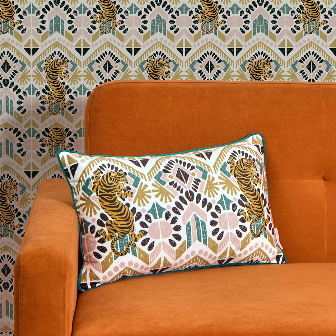 Clawdia Bolster Cushion in Blush, Mustard and Pine Green