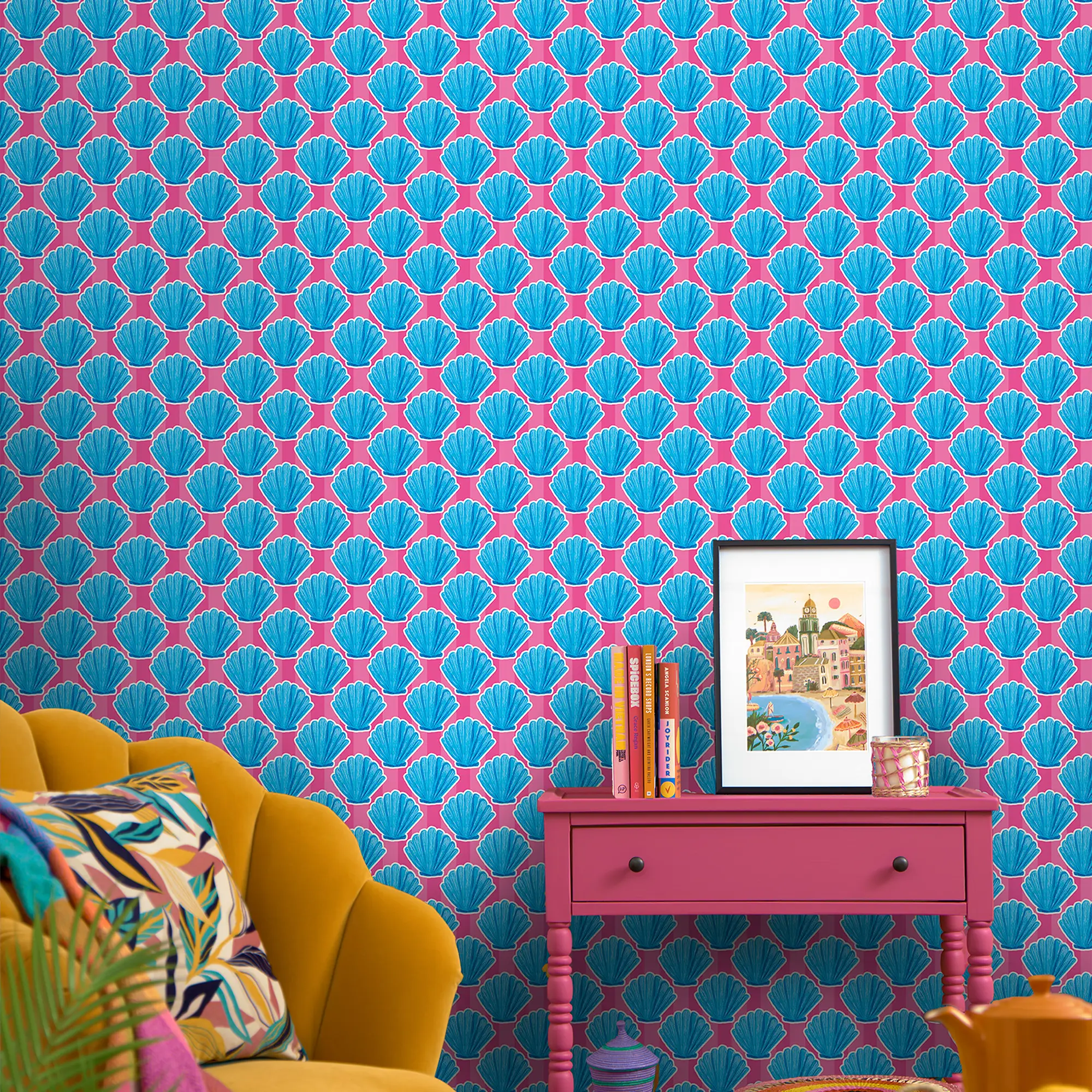 Come out of your Shell Wallpaper in Blue on Hot Pink Stripe