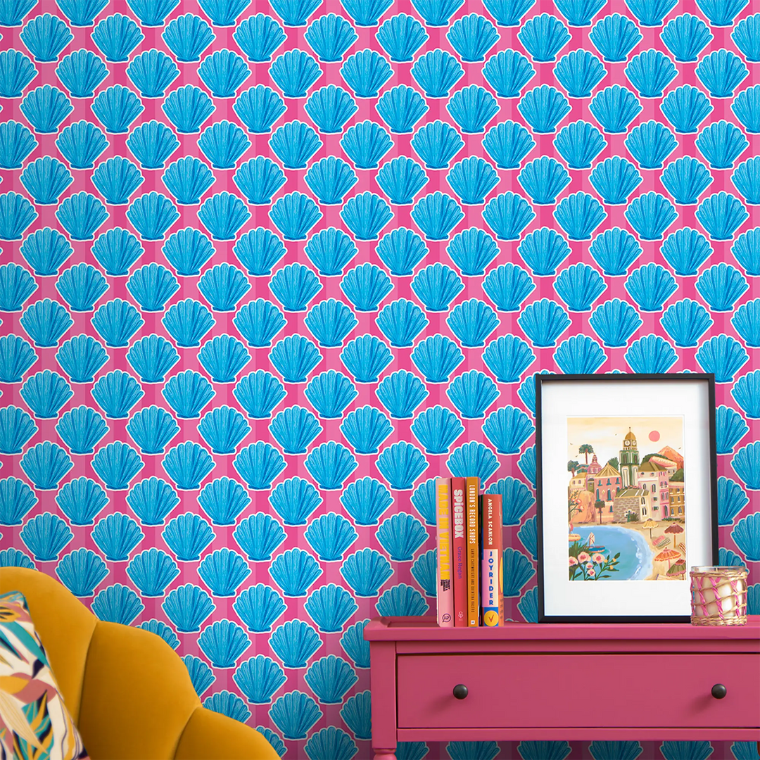 Come out of your Shell Wallpaper in Blue on Hot Pink Stripe