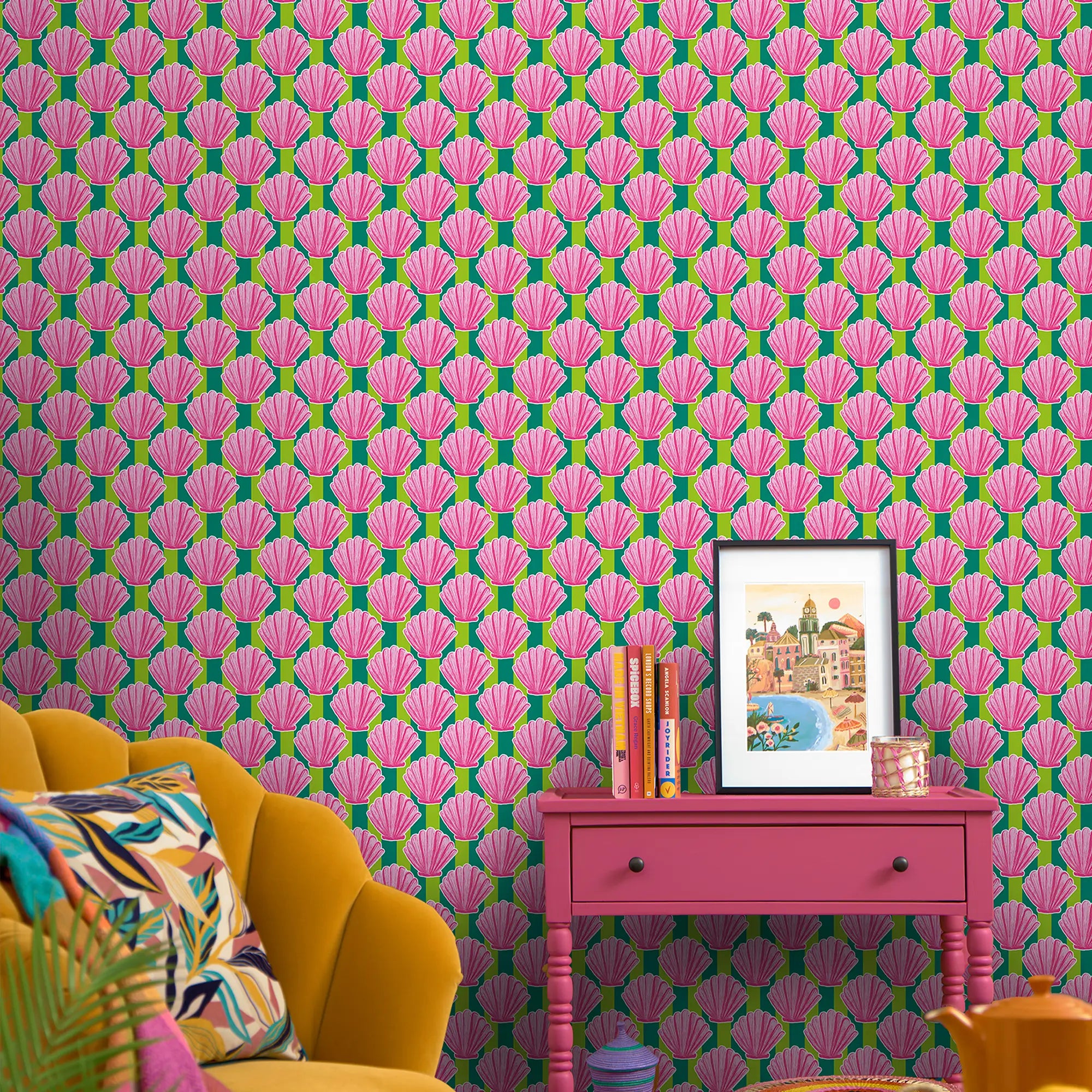 Come out of your Shell Wallpaper in Hot Pink on Green Stripe