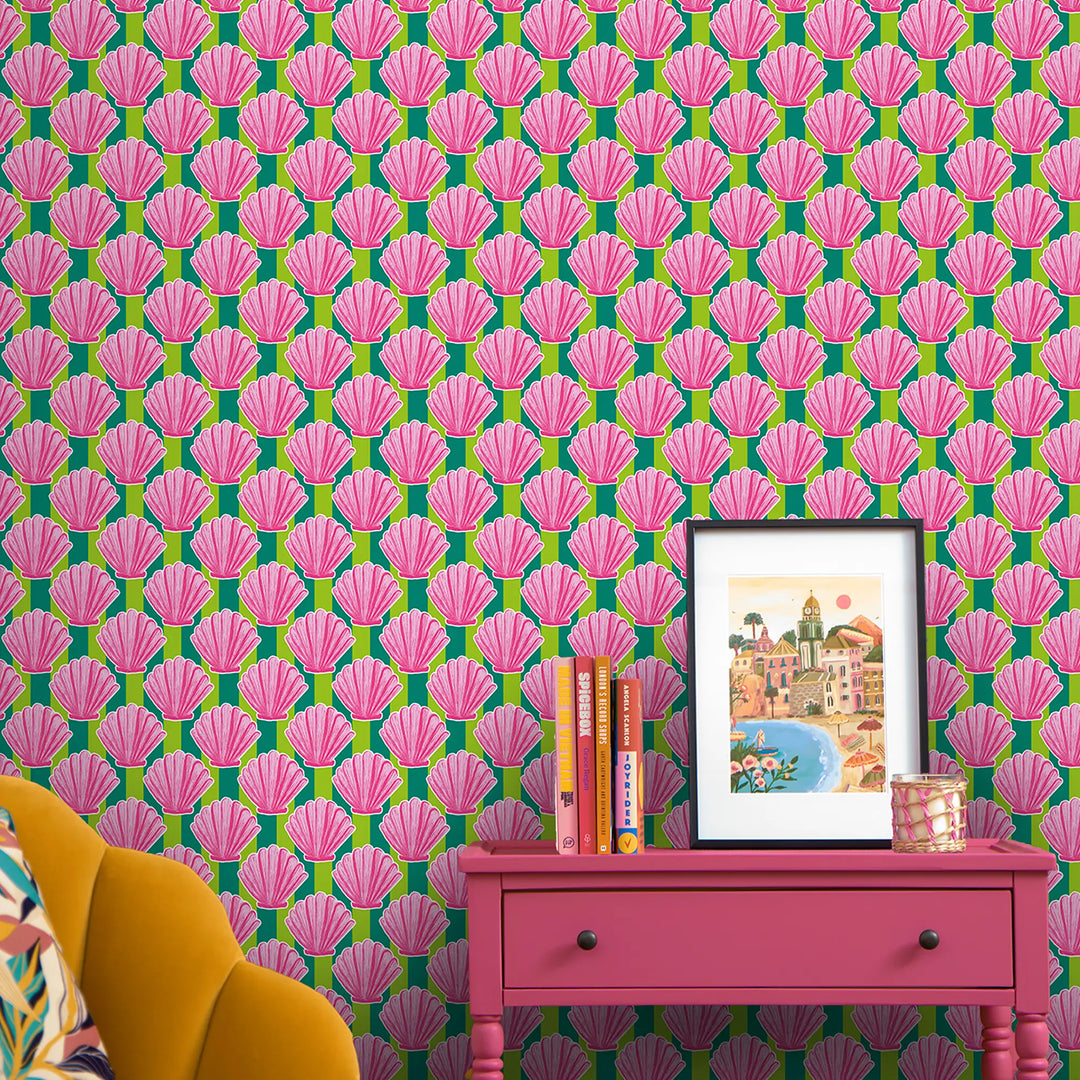 Come out of your Shell Wallpaper in Hot Pink on Green Stripe