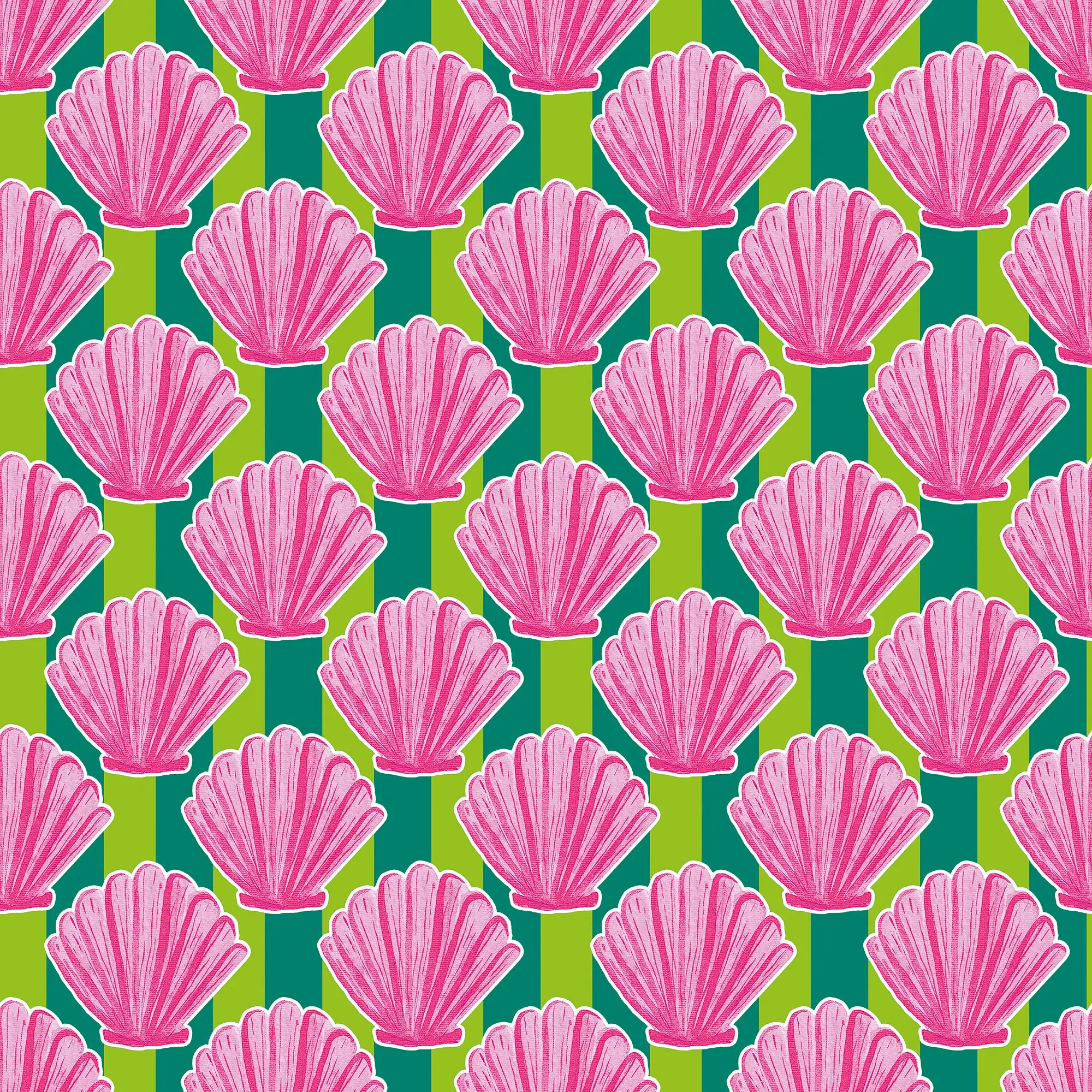 Come out of your Shell Wallpaper in Hot Pink on Green Stripe