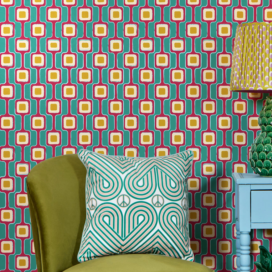 Cosmic Circuitry Wallpaper in Teal and Wine