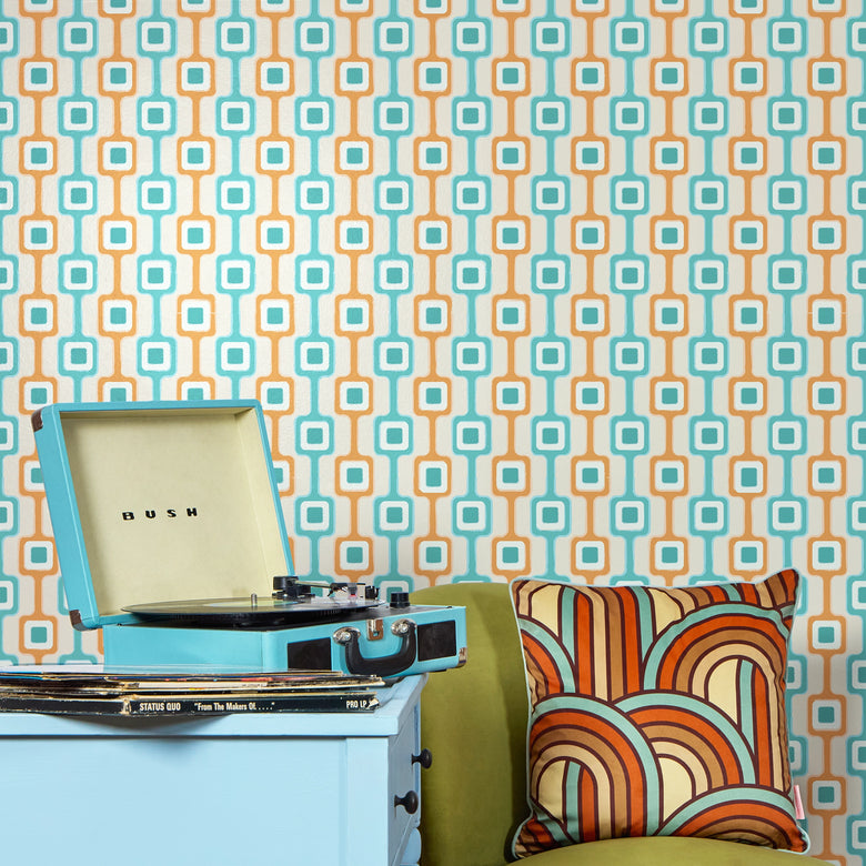 Cosmic Circuitry Wallpaper in Turquoise and Orange