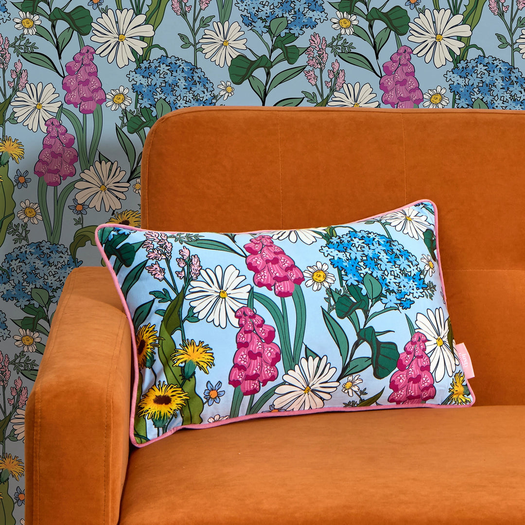 Cottage Garden Bolster Cushion in Sky Blue