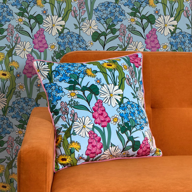 Cottage Garden Square Cushion in Sky Blue
