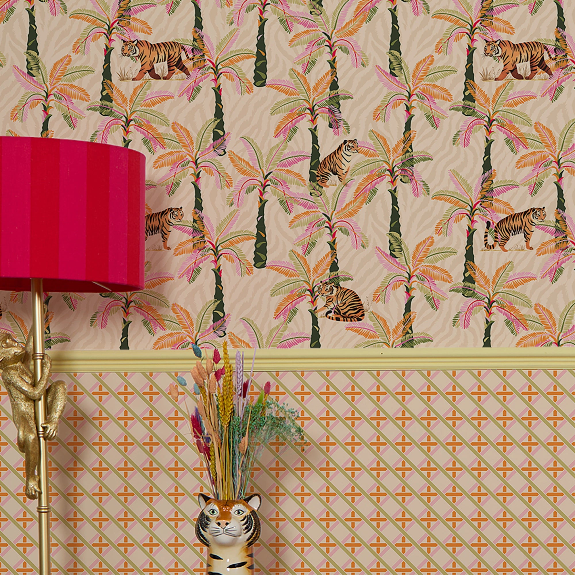 Criss Crossed Wallpaper in Pink, Orange and Green on Cream
