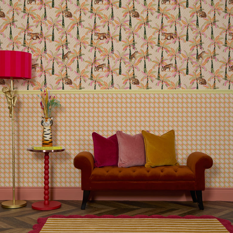 Criss Crossed Wallpaper in Pink, Orange and Green on Cream