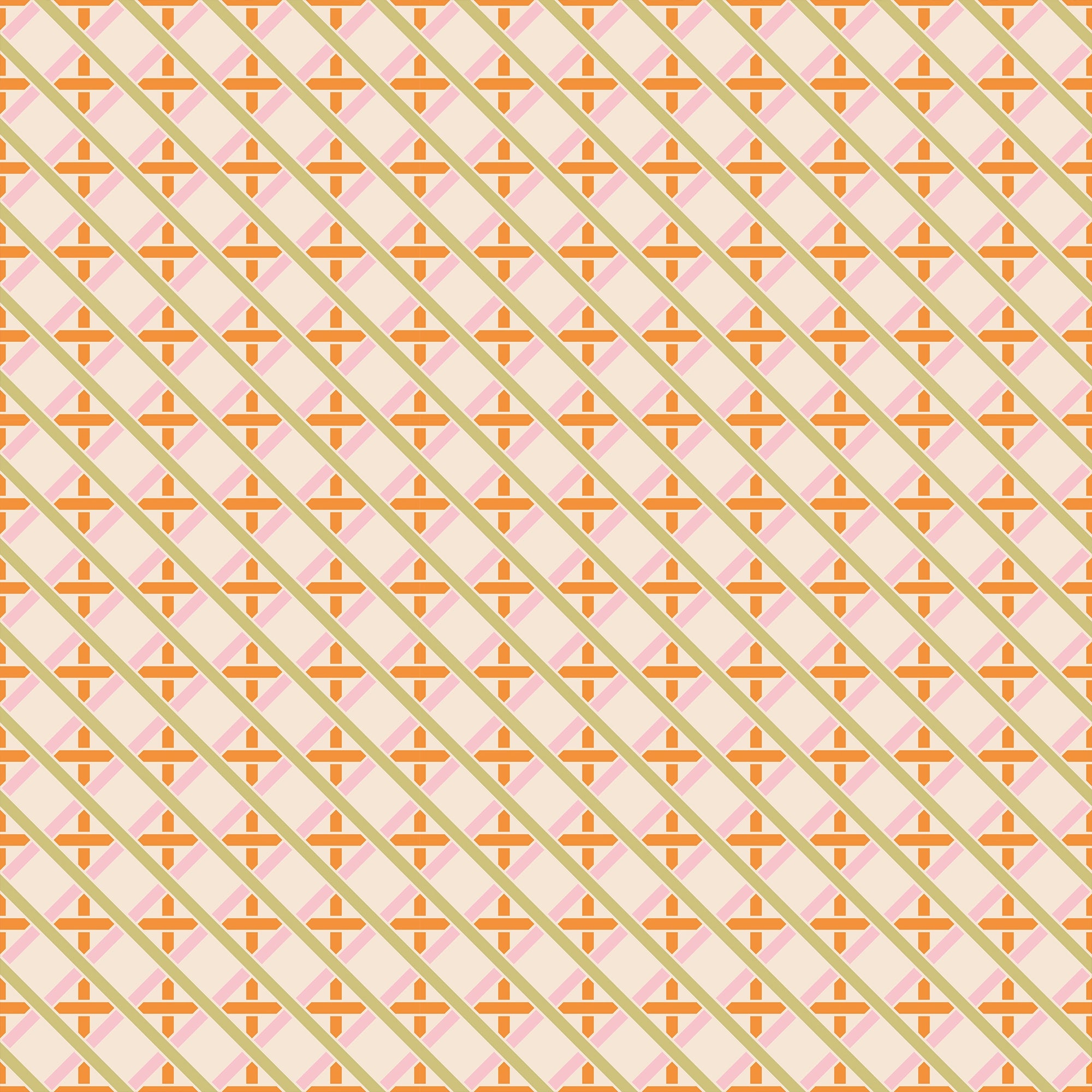 Criss Crossed Wallpaper in Pink, Orange and Green on Cream