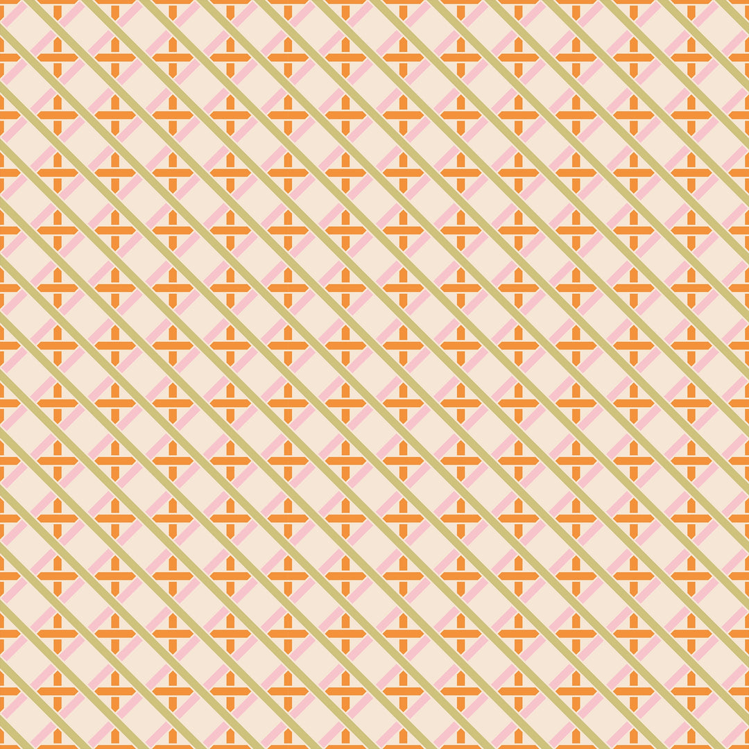 Criss Crossed Wallpaper in Pink, Orange and Green on Cream