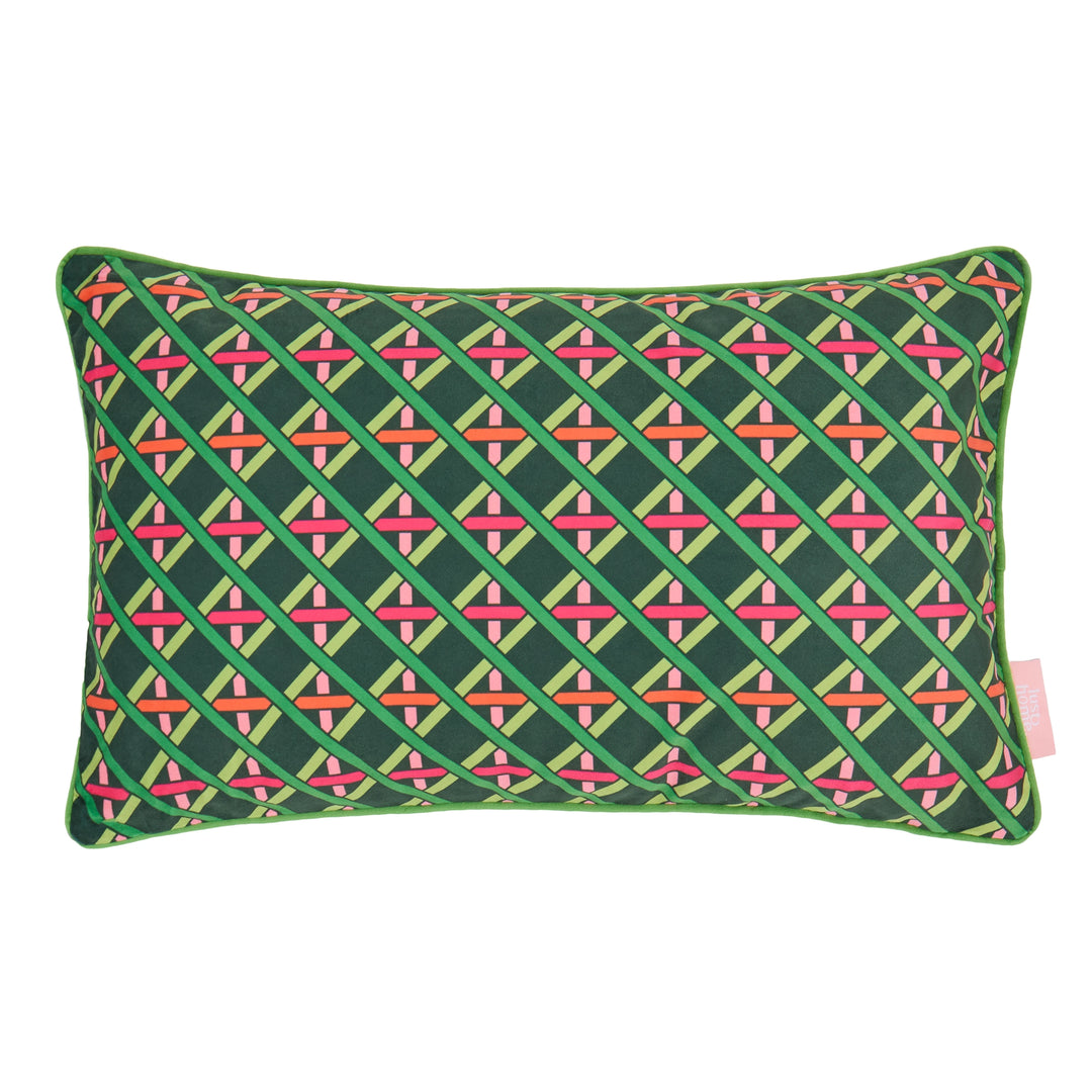 Criss Crossed Bolster Cushion in Greens, Pink & Orange