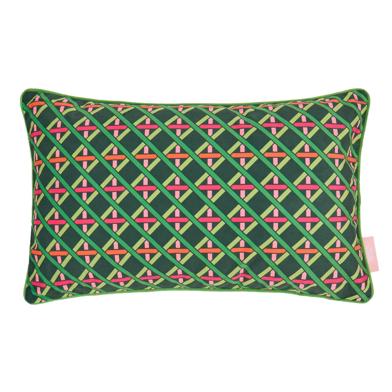 Criss Crossed Bolster Cushion in Greens, Pink & Orange