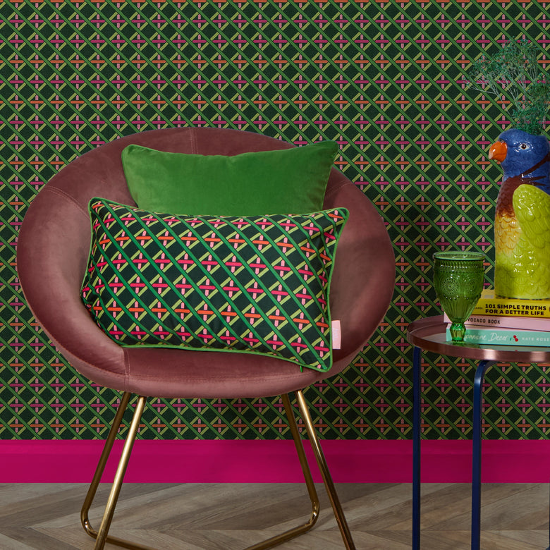 Criss Crossed Bolster Cushion in Greens, Pink & Orange