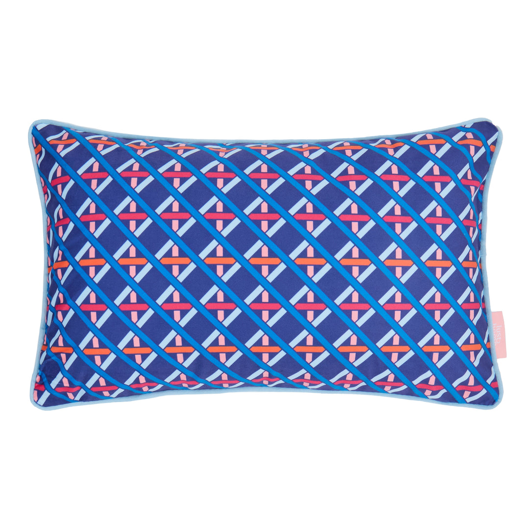 Criss Crossed Bolster Cushion in Electric Blue, Red and Orange