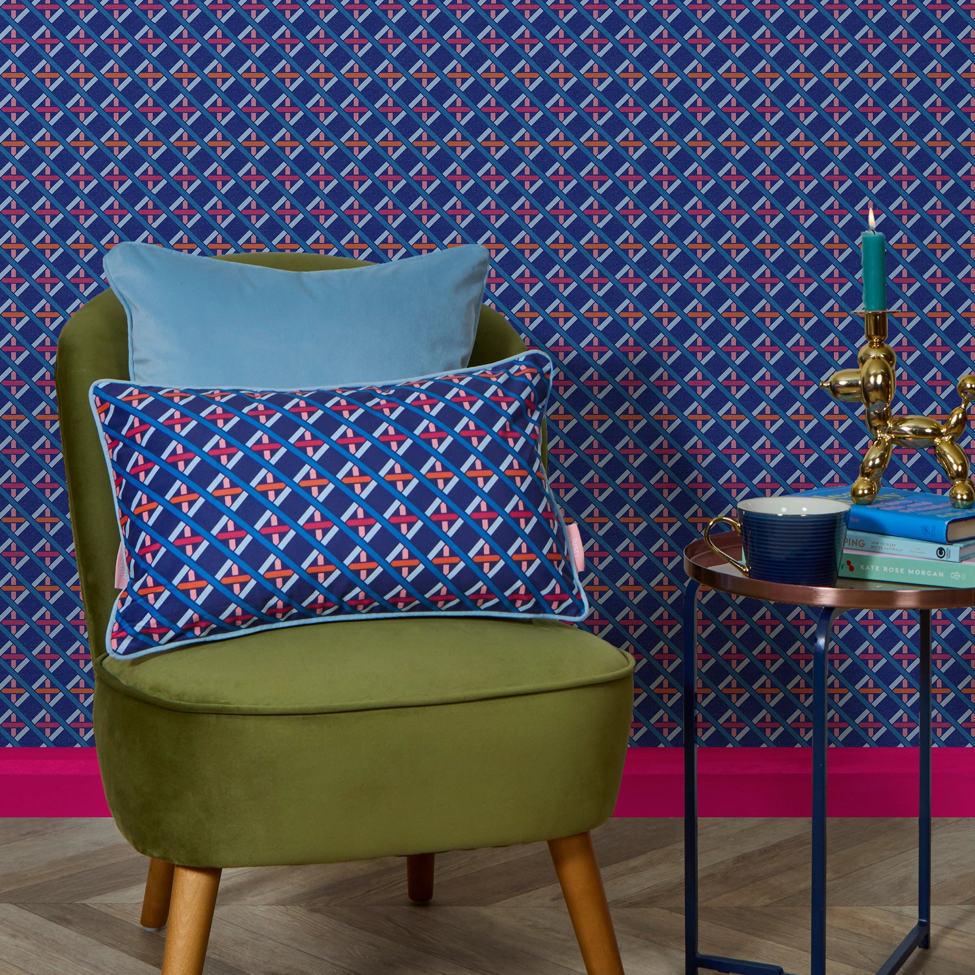 Criss Crossed Bolster Cushion in Electric Blue, Red and Orange