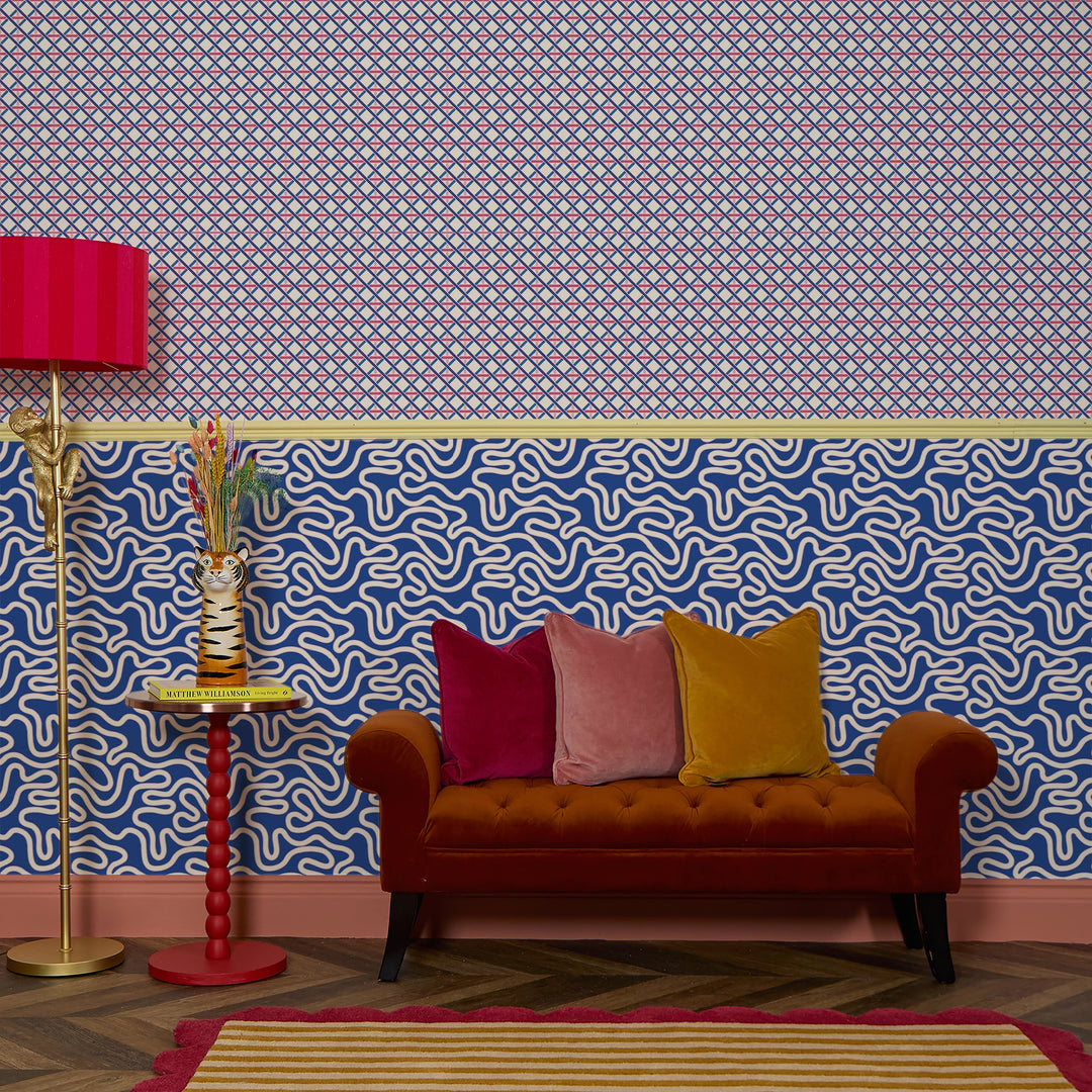 Criss Crossed Wallpaper in Electric Blue and Pinks