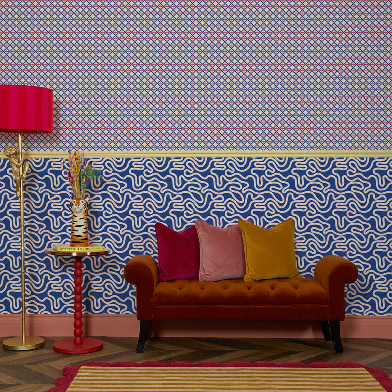 Criss Crossed Wallpaper in Electric Blue and Pinks