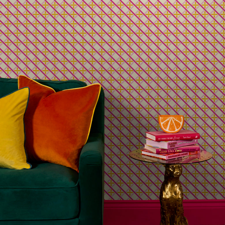 Criss Crossed Wallpaper in Pinks, Yellow and Melba Cream