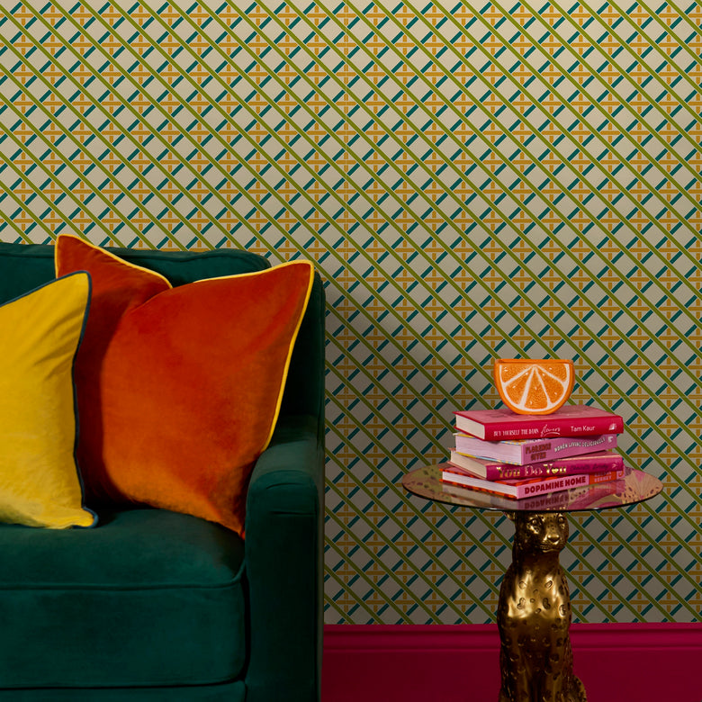 Criss Crossed Wallpaper in Greens, Yellow and Melba Cream