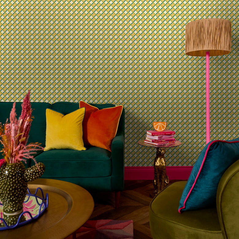 Criss Crossed Wallpaper in Greens, Yellow and Melba Cream
