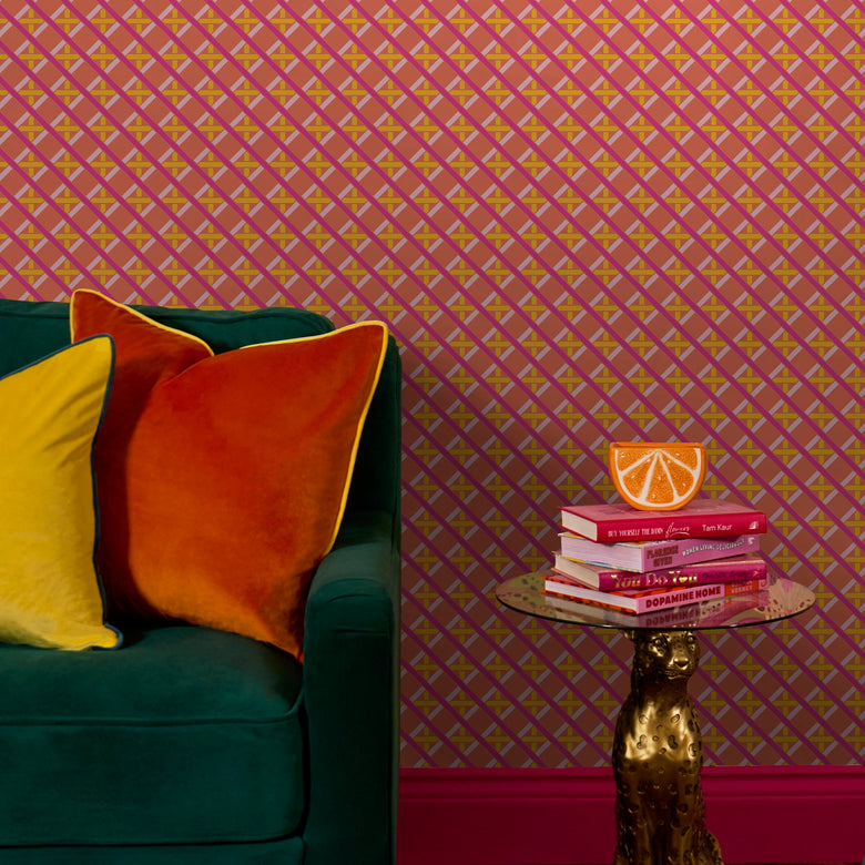 Criss Crossed Wallpaper in Pinks, Yellow and Blood Orange