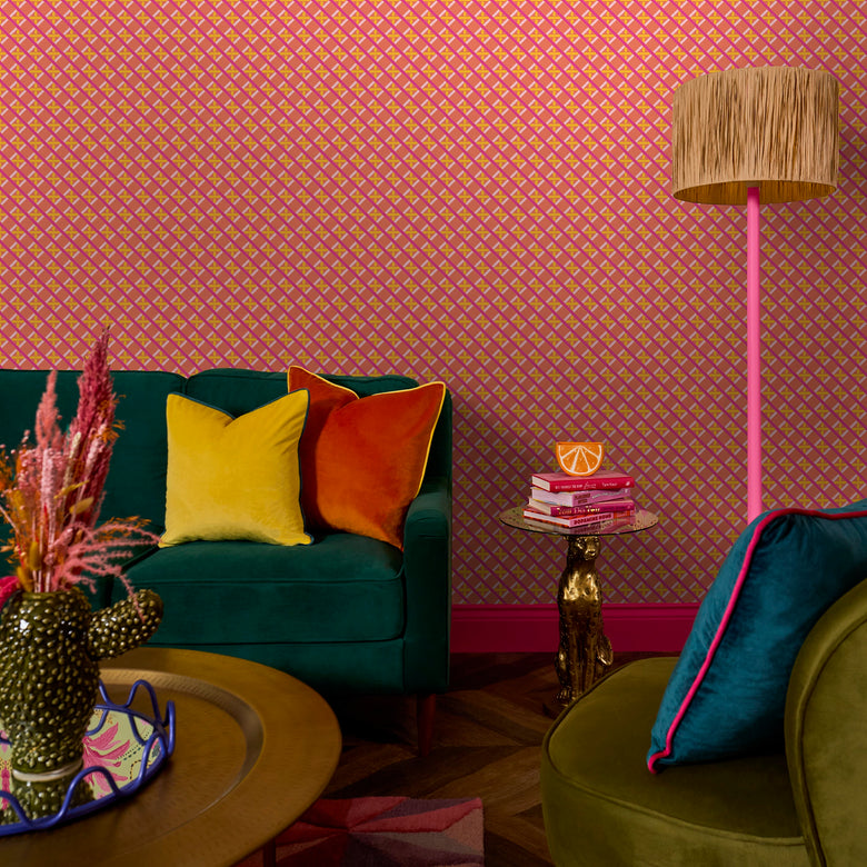 Criss Crossed Wallpaper in Pinks, Yellow and Blood Orange