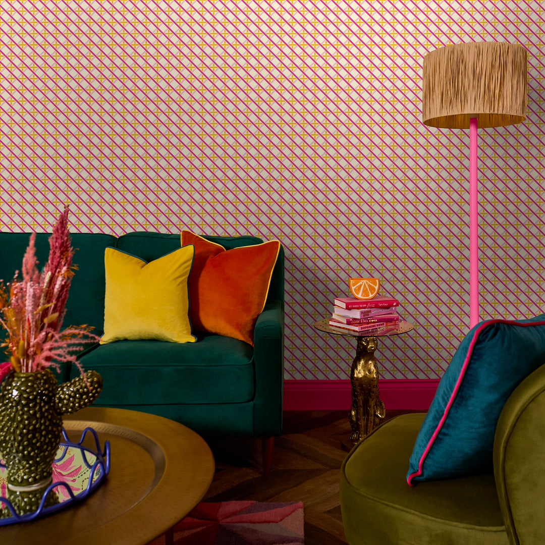 Criss Crossed Wallpaper in Pinks, Yellow and Melba Cream