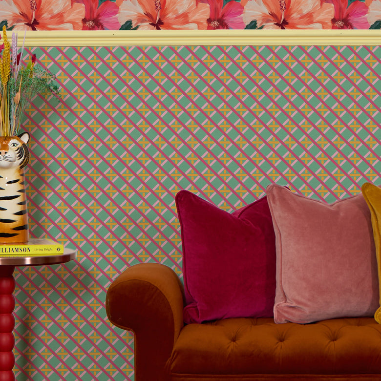 Criss Crossed Wallpaper in Red, Pink, Yellow and Teal