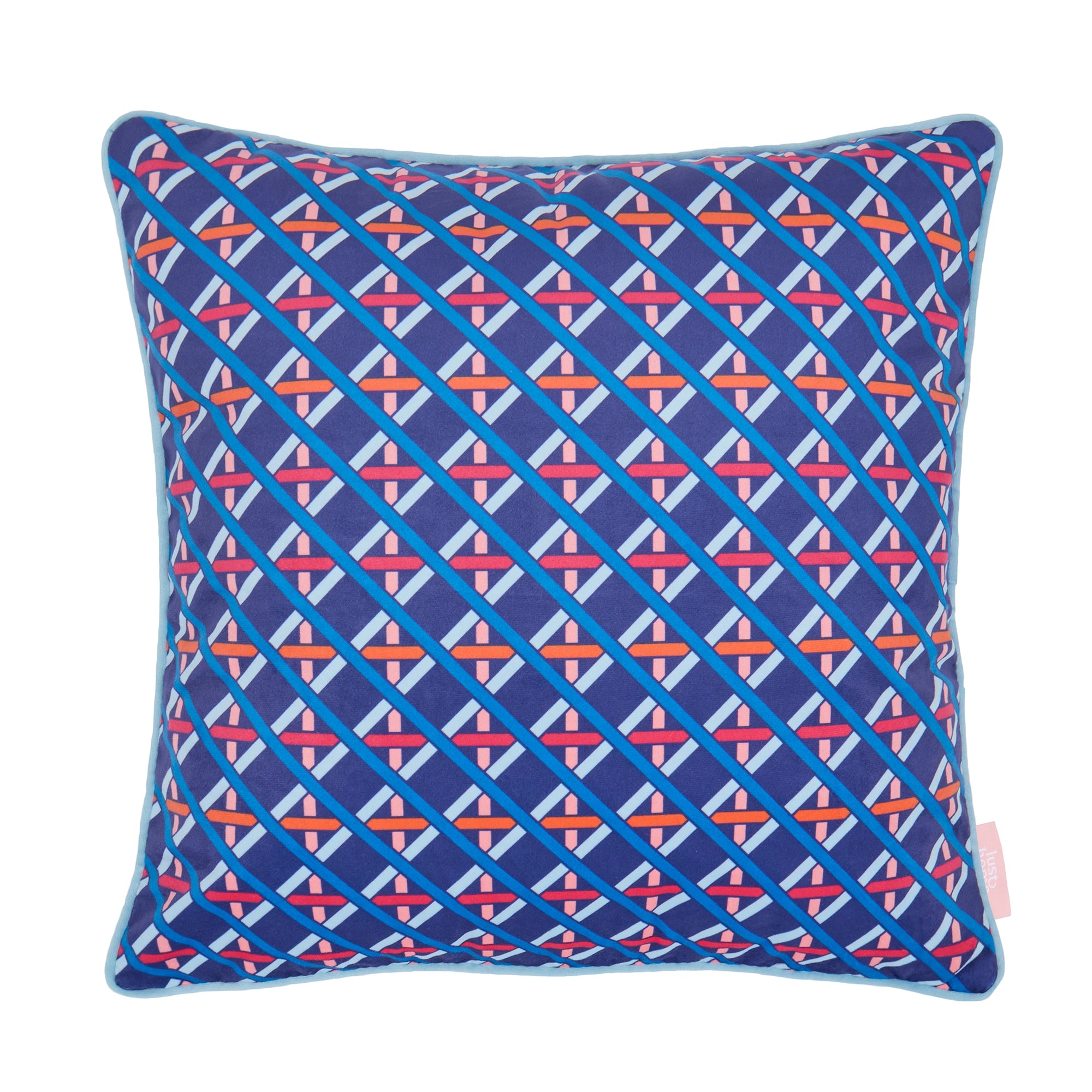 Criss Crossed Square Cushion in Electric Blue, Red and Orange
