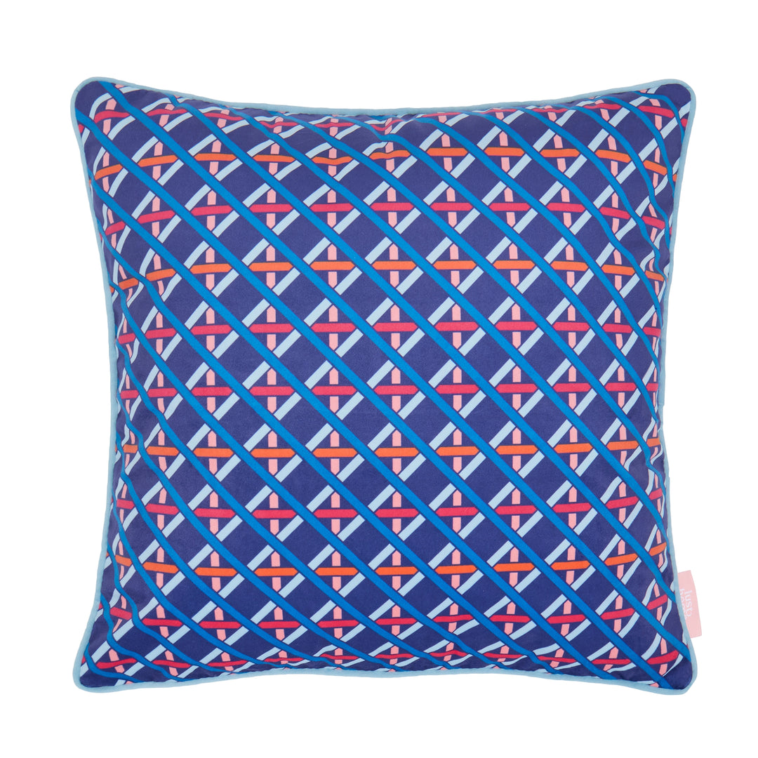 Criss Crossed Square Cushion in Electric Blue, Red and Orange