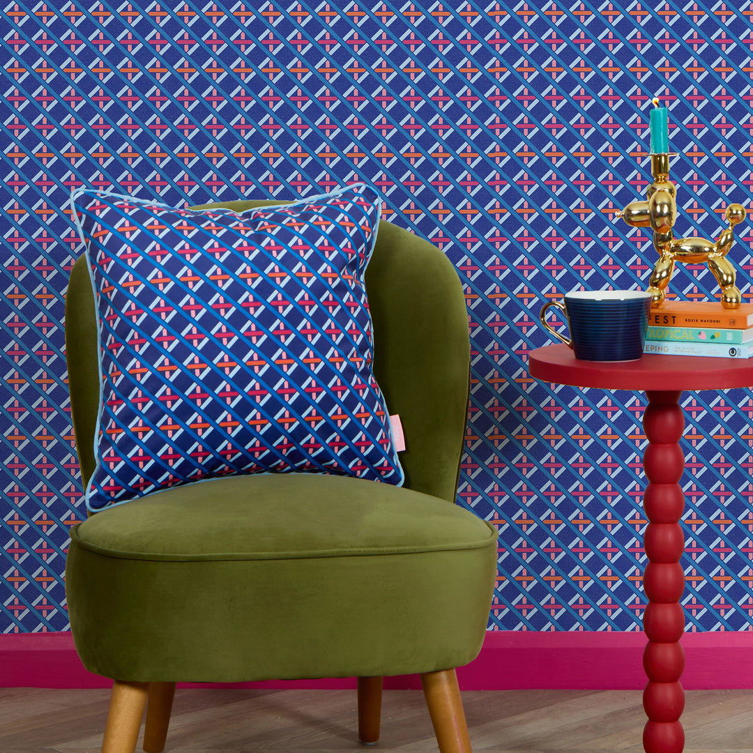 Criss Crossed Square Cushion in Electric Blue, Red and Orange