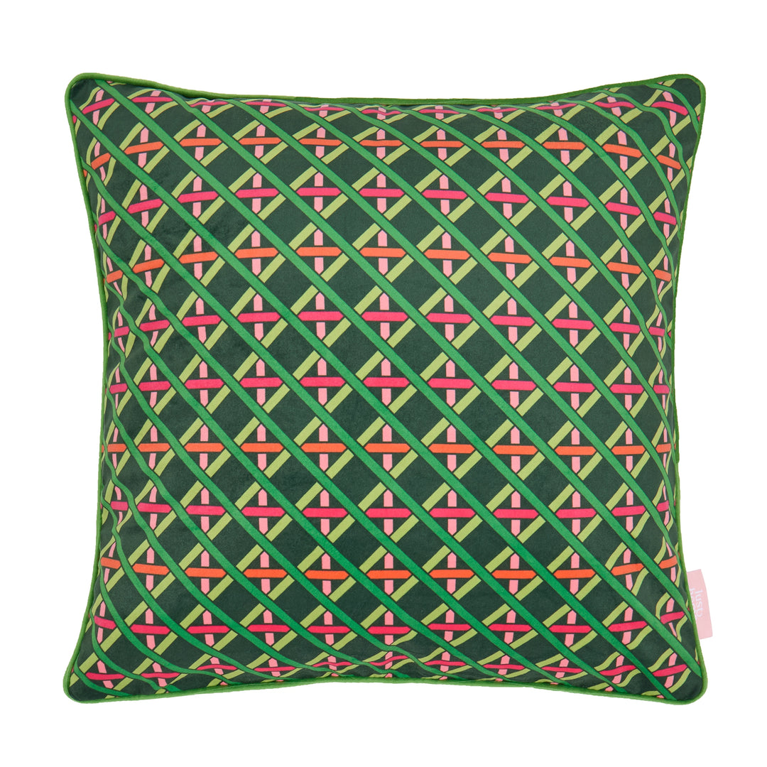 Criss Crossed Square Cushion in Greens, Pink & Orange