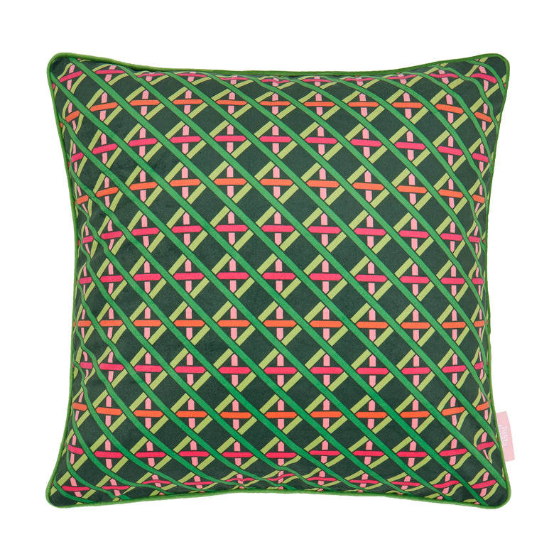 Criss Crossed Square Cushion in Greens, Pink & Orange