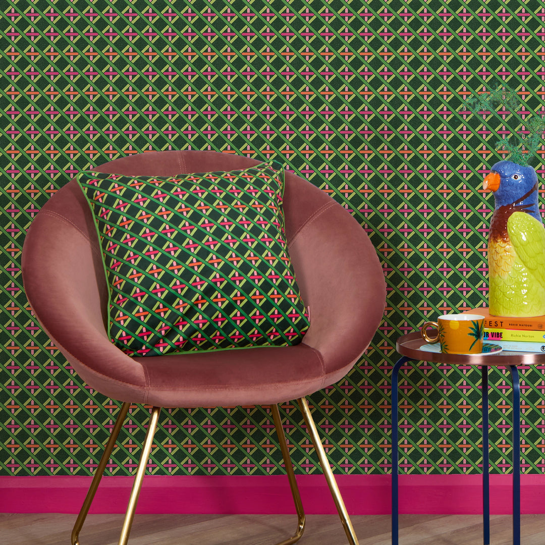Criss Crossed Square Cushion in Greens, Pink & Orange