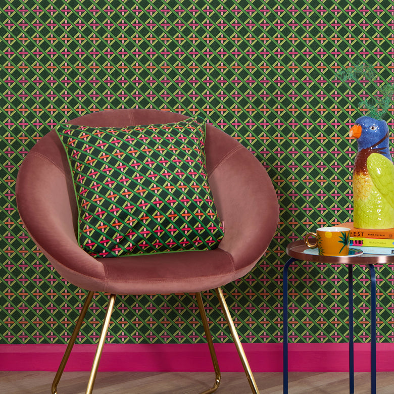 Criss Crossed Square Cushion in Greens, Pink & Orange