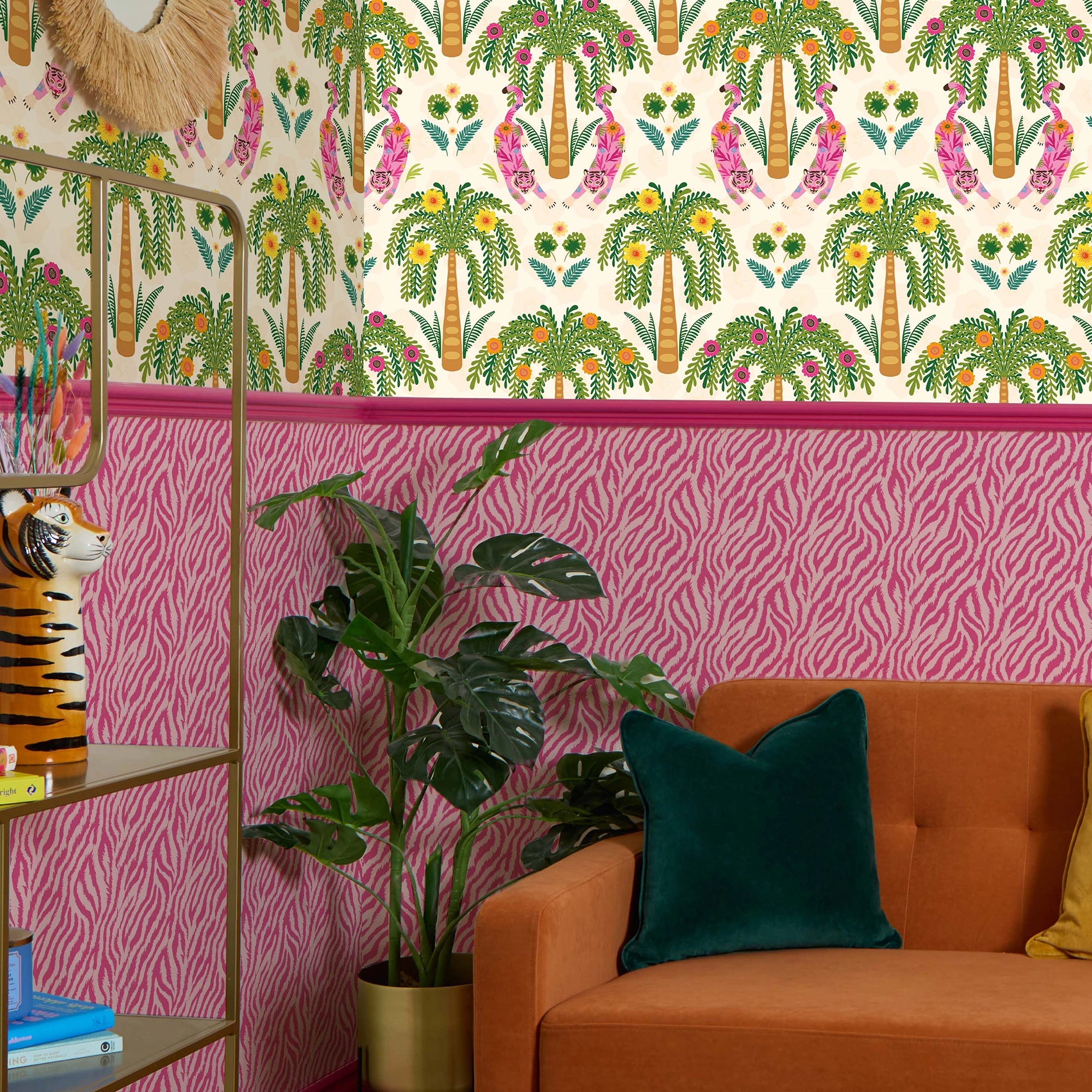 Crouching Tiger Wallpaper in Olive Greens and Brights on Cream