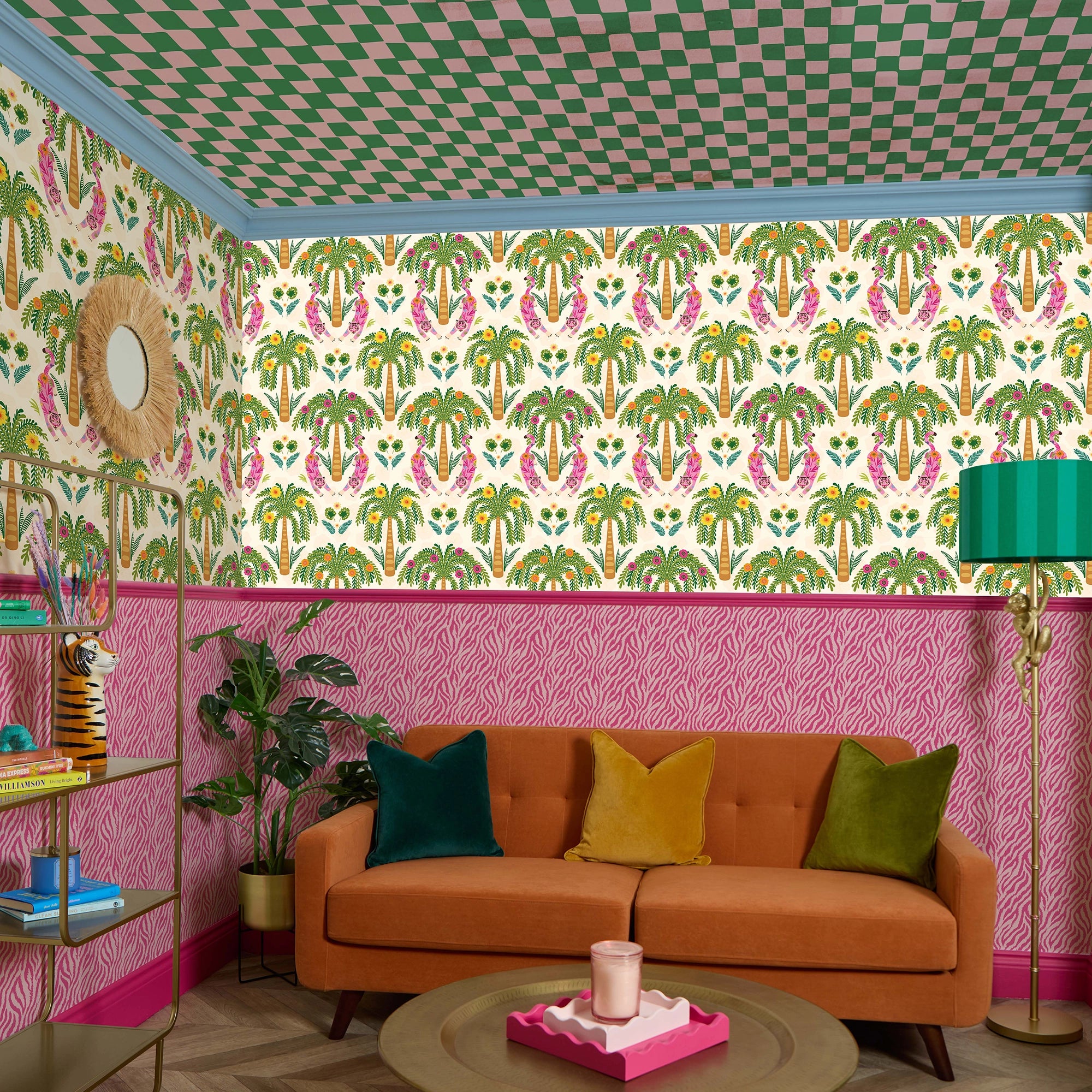 Crouching Tiger Wallpaper in Olive Greens and Brights on Cream