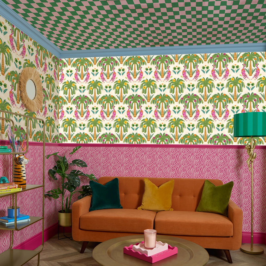 Crouching Tiger Wallpaper in Olive Greens and Brights on Cream