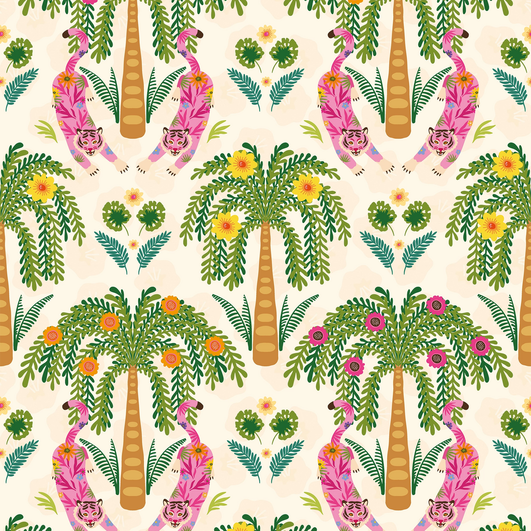 Crouching Tiger Wallpaper in Olive Greens and Brights on Cream