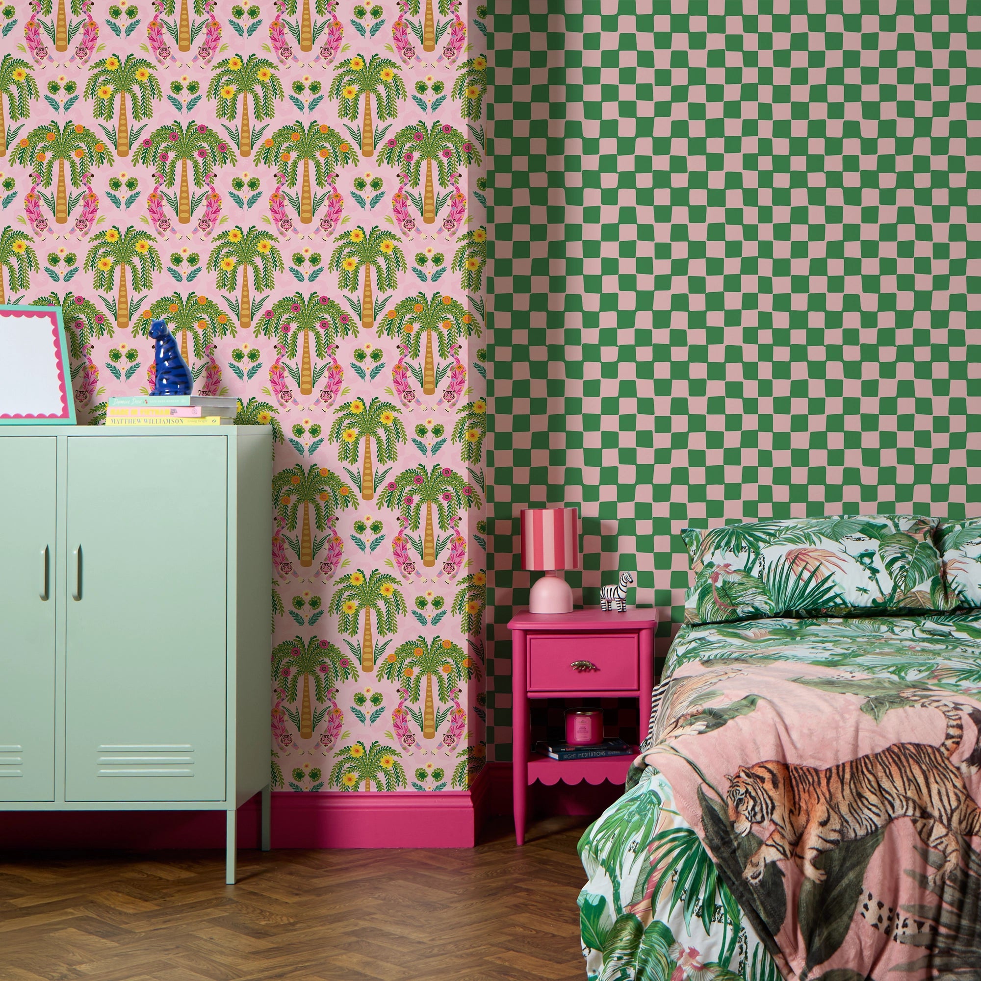 Crouching Tiger Wallpaper Olive Greens and Brights on Pink